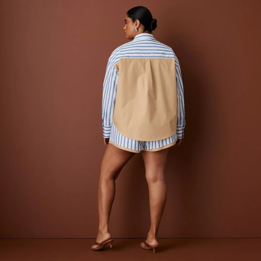 Rosie Assoulin Target L Large LS Oversized Poplin Button-Down Striped Shirt Blue - Picture 2 of 11